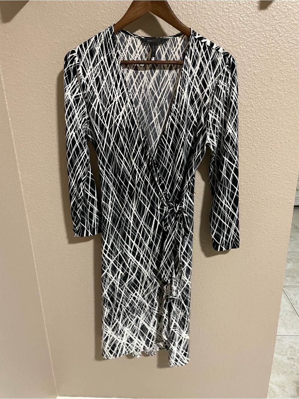 Black & White Wrap Dress with Abstract Stripe Print